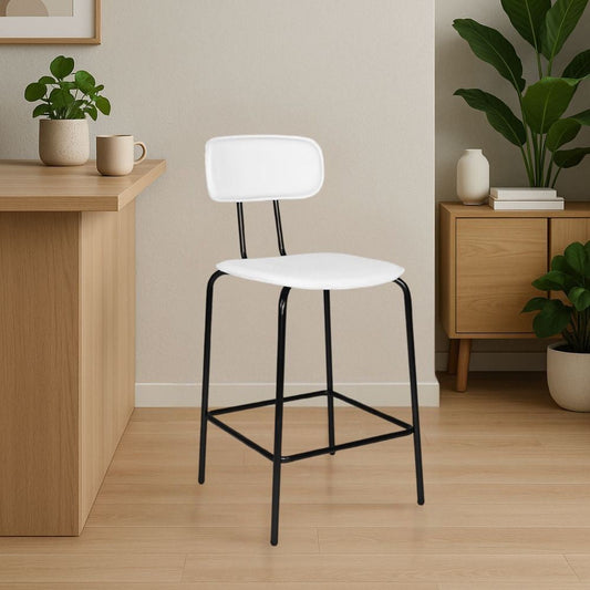 sgabello glami in pvc effetto cuoio bianco con struttura in metallo nera, sgabello moderno per cucina, bar o penisola