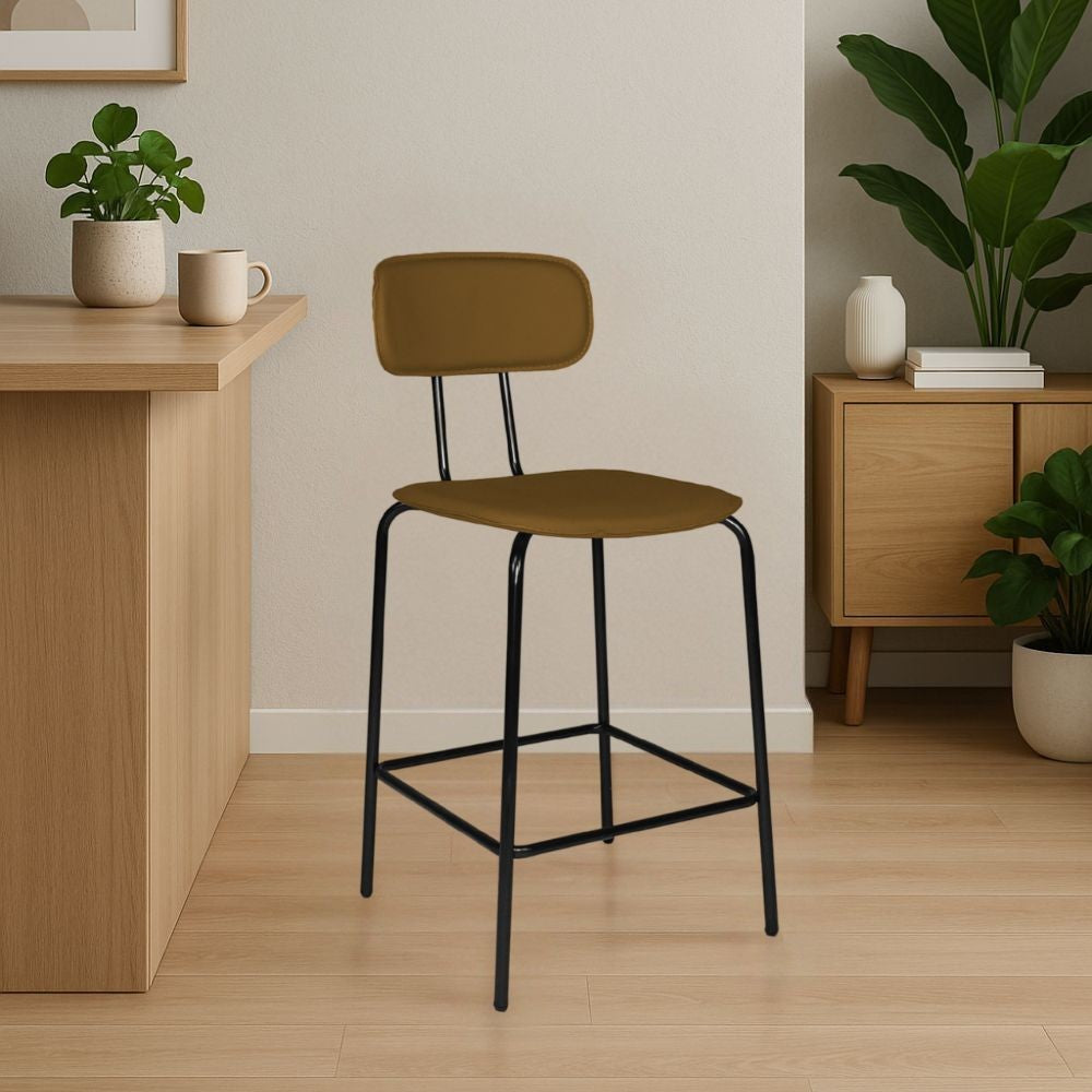 sgabello glami in pvc effetto cuoio brown con struttura in metallo nera, sgabello moderno per cucina, bar o penisola