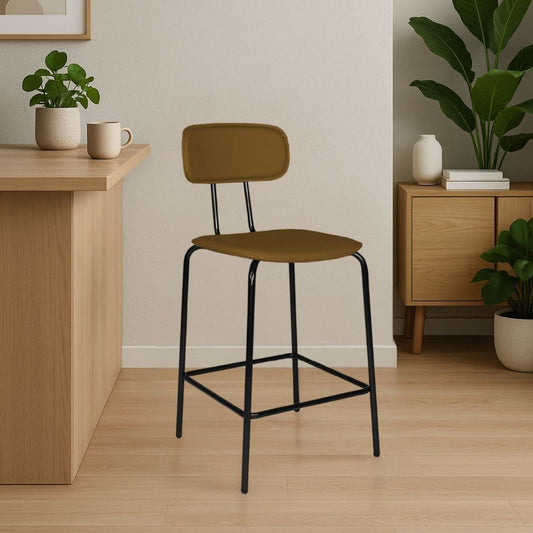 sgabello glami in pvc effetto cuoio brown con struttura in metallo nera, sgabello moderno per cucina, bar o penisola