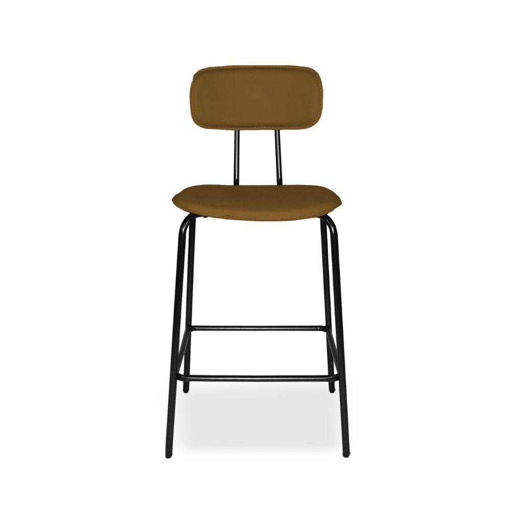 sgabello glami in pvc effetto cuoio brown con struttura in metallo nera, dettaglio della seduta imbottita o in legno