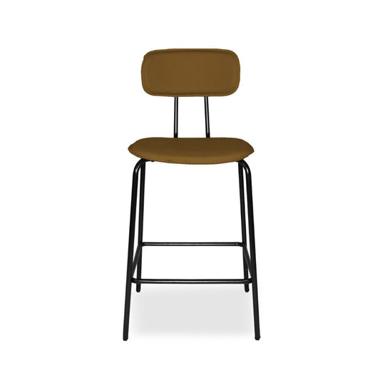 sgabello glami in pvc effetto cuoio brown con struttura in metallo nera, dettaglio della seduta imbottita o in legno