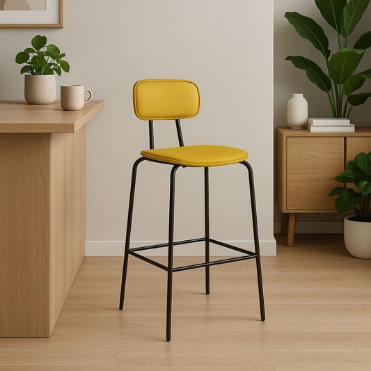 sgabello glami in pvc effetto cuoio giallo con struttura in metallo nera, sgabello moderno per cucina, bar o penisola