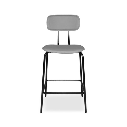 sgabello glami in pvc effetto cuoio grigio con struttura in metallo nera, dettaglio della seduta imbottita o in legno