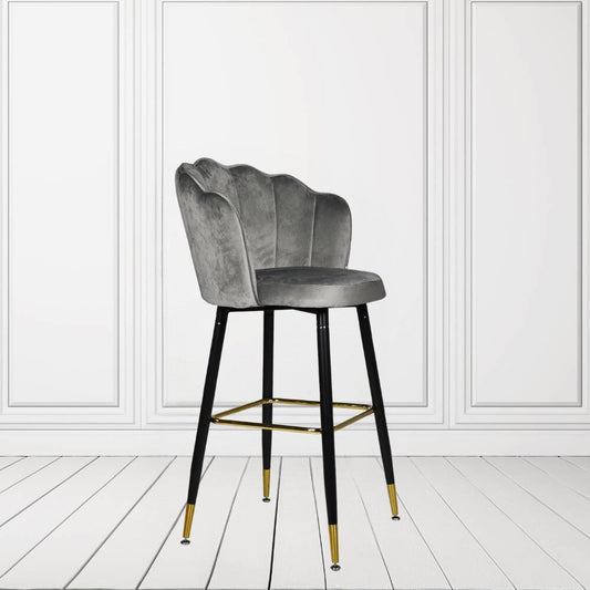 sgabello estro in velluto grigio con terminali dorati, sgabello moderno per cucina, bar o penisola