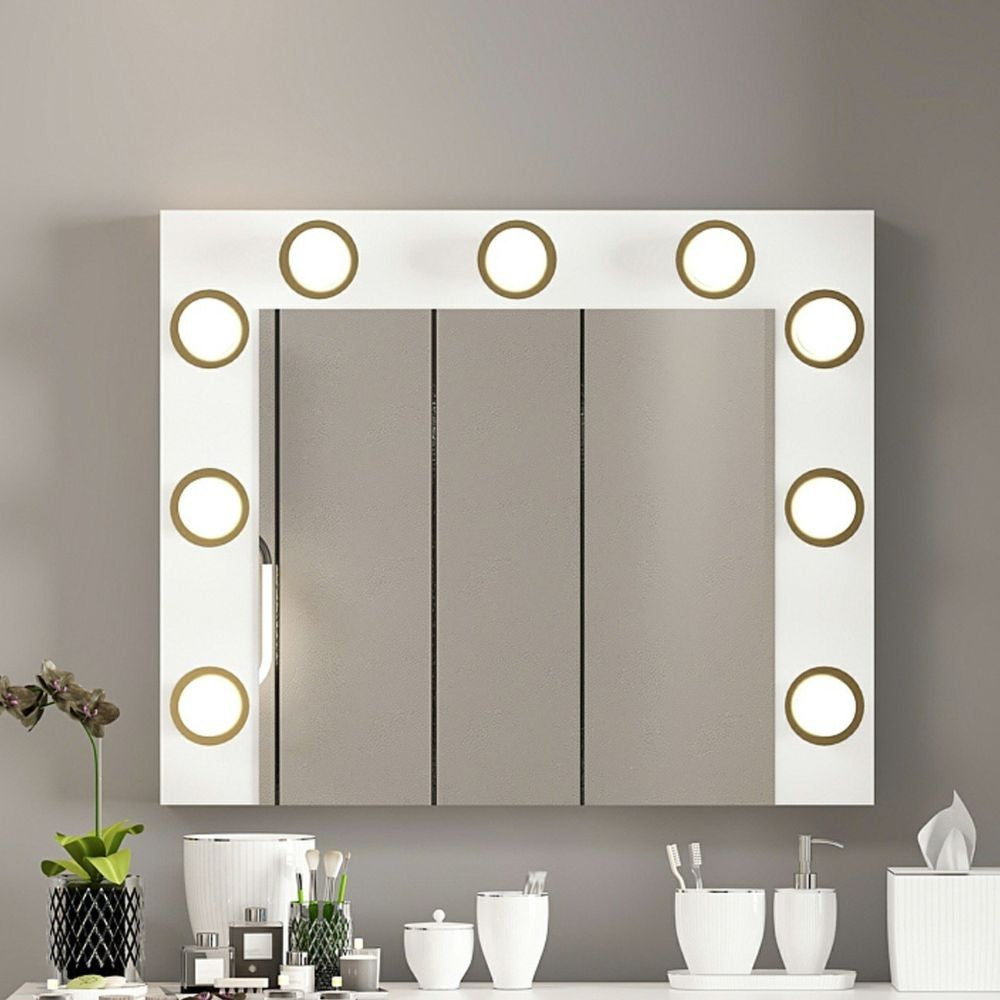 specchio trucco armin colore bianco con luci led lampadine non incluse, specchiera decorativa per soggiorno, ingresso o camera