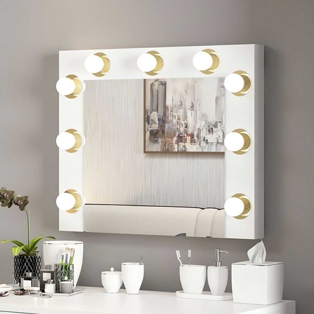 specchio trucco armin colore bianco con luci led lampadine non incluse, quadro moderno con cornice elegante per pareti raffinate