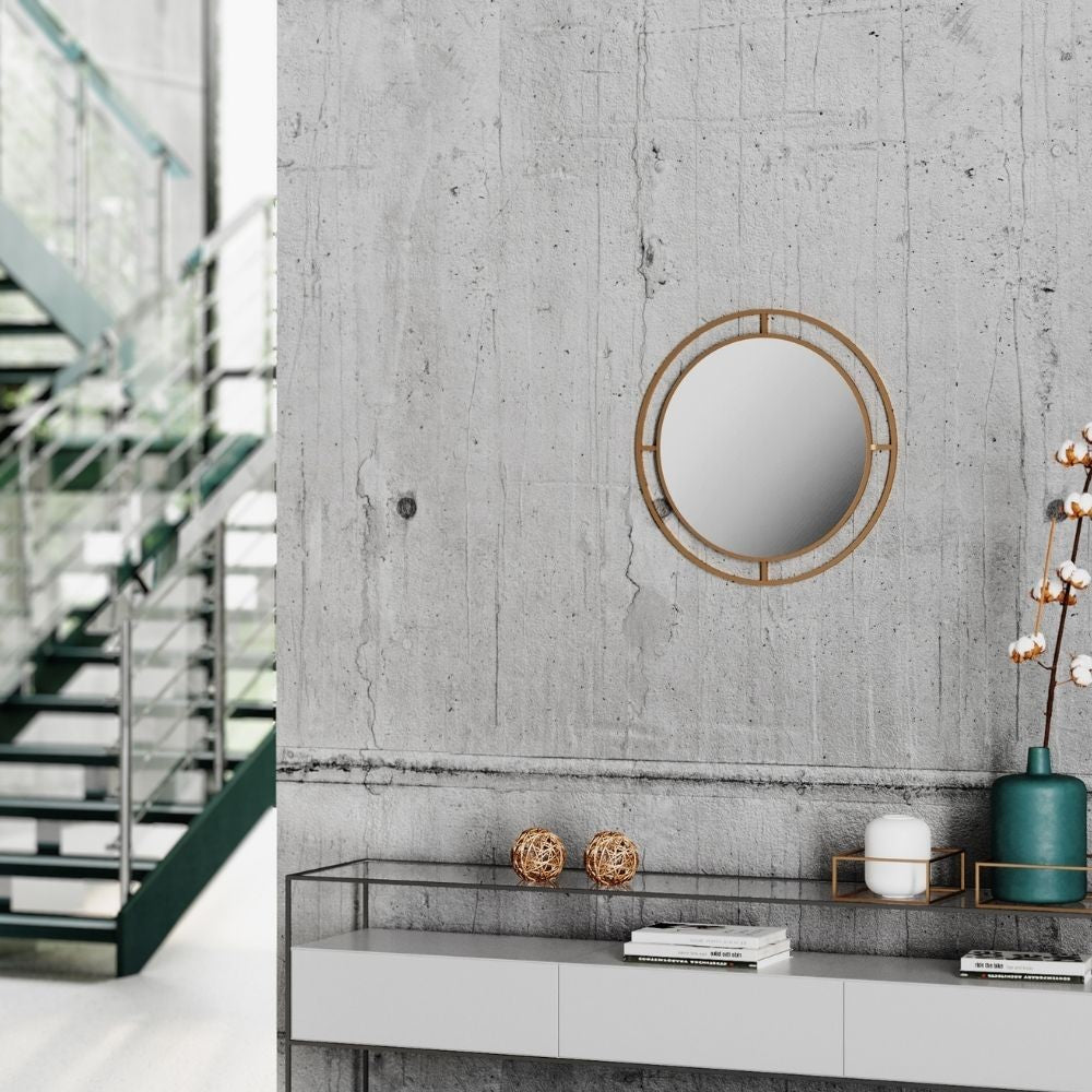 specchio bubble con doppia cornice in metallo oro, vista ambientata su pareti arredate con stile