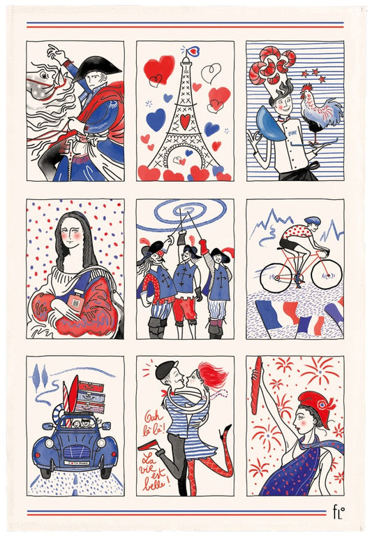 strofinaccio symboles francais ecru, colore ecru, taglia 48 x 72. strofinaccio piegato su fondo neutro per mostrare texture e finiture