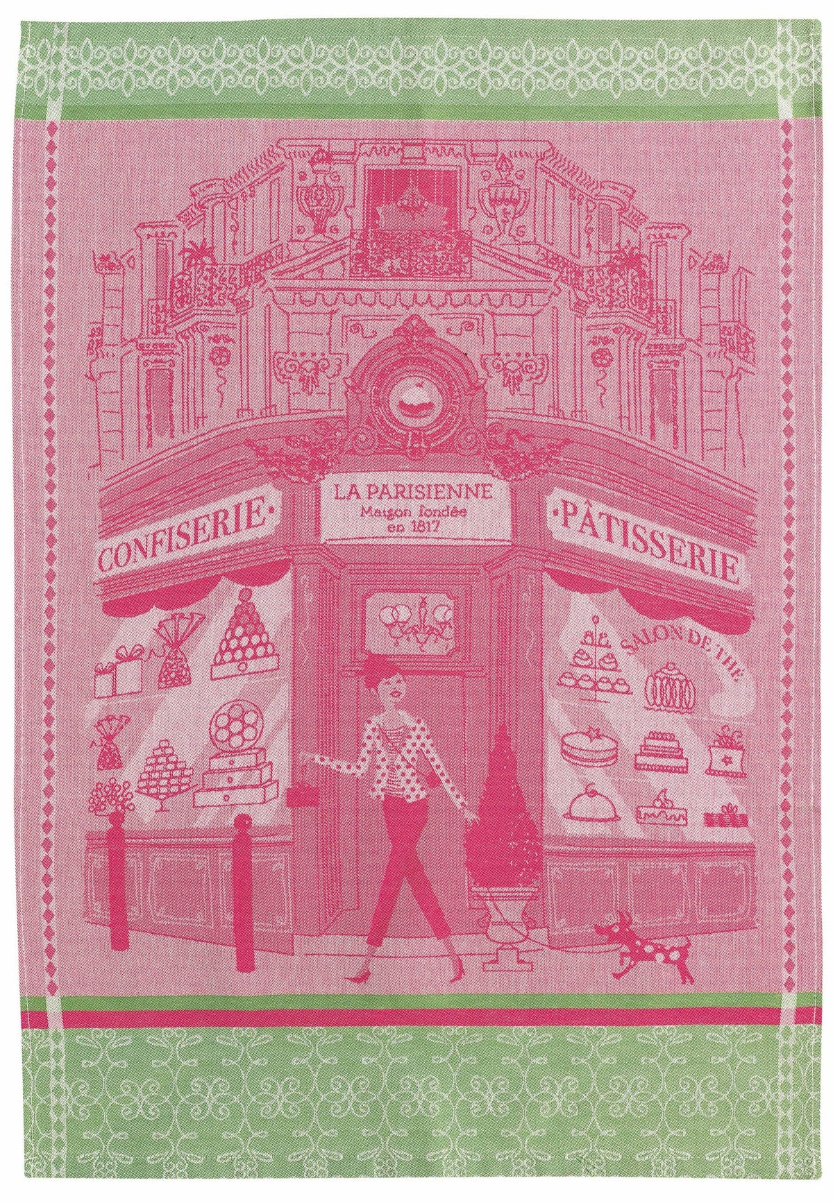 strofinaccio patisserie rosa, colore rosa, taglia 50 x 70. strofinaccio piegato su fondo neutro per mostrare texture e finiture