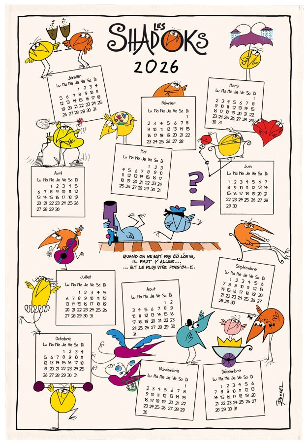 strofinaccio shadoks calendrier 2026 ecru, colore ecru, taglia 48 x 72. strofinaccio piegato su fondo neutro per mostrare texture e finiture