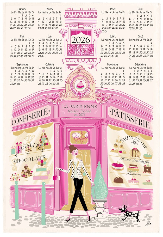 strofinaccio facade patisserie calendrier 2026 ecru, colore ecru, taglia 48 x 72. strofinaccio piegato su fondo neutro per mostrare texture e finiture