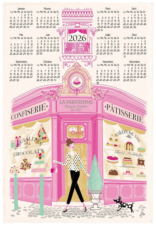strofinaccio facade patisserie calendrier 2026 ecru, colore ecru, taglia 48 x 72. strofinaccio piegato su fondo neutro per mostrare texture e finiture