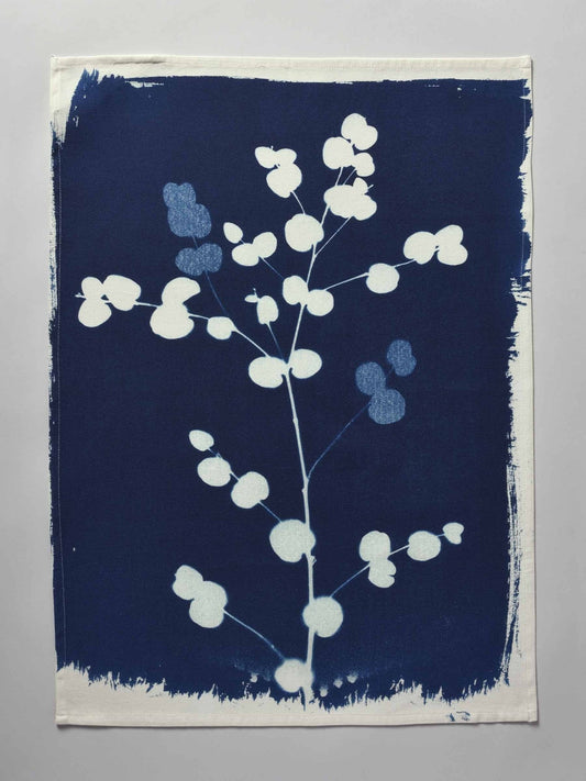 strofinaccio eucalyptus blu, colore blu, taglia 50 x 70. strofinaccio piegato su fondo neutro per mostrare texture e finiture