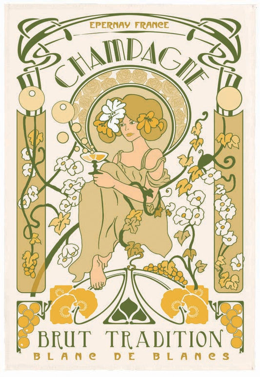 strofinaccio champagne art nouveau ecru, colore ecru, taglia 48 x 72. strofinaccio piegato su fondo neutro per mostrare texture e finiture