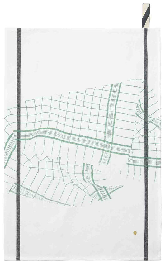 torchon tonton verde, colore verde, taglia 50 x 70. strofinaccio piegato su fondo neutro per mostrare texture e finiture