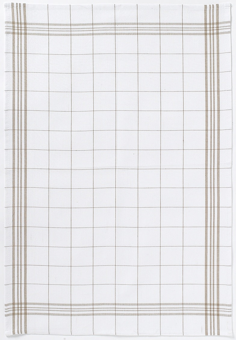 strofinaccio carreaux taupe, colore taupe, taglia 50 x 70. strofinaccio piegato su fondo neutro per mostrare texture e finiture