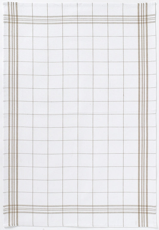 strofinaccio carreaux taupe, colore taupe, taglia 50 x 70. strofinaccio piegato su fondo neutro per mostrare texture e finiture