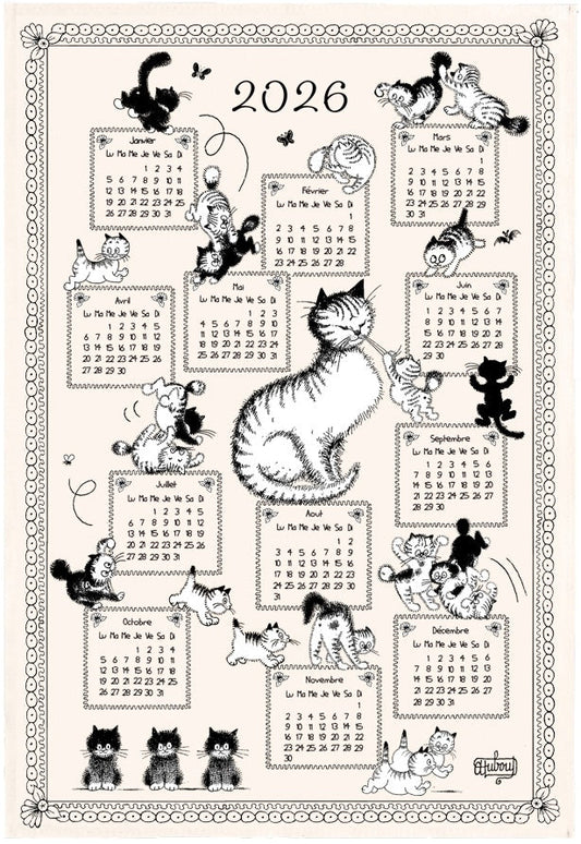 strofinaccio dubout calendrier chatons 2026 ecru, colore ecru, taglia 48 x 72. strofinaccio piegato su fondo neutro per mostrare texture e finiture