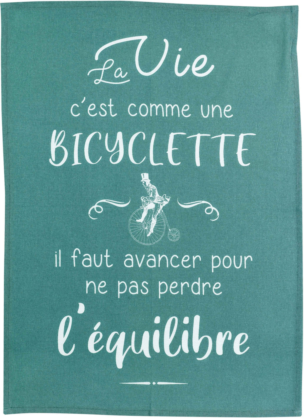 strofinaccio bicyclette pavone, colore pavone, taglia 50 x 70. strofinaccio piegato su fondo neutro per mostrare texture e finiture