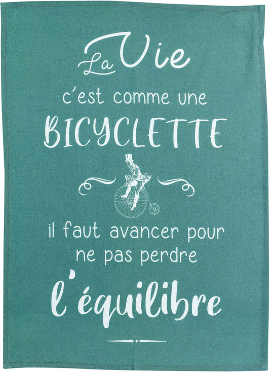 strofinaccio bicyclette pavone, colore pavone, taglia 50 x 70. strofinaccio piegato su fondo neutro per mostrare texture e finiture