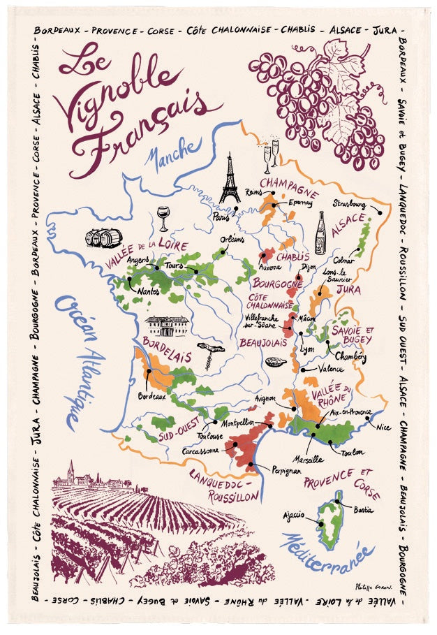 strofinaccio la carte des vins de france ecru, colore ecru, taglia 72 x 48. strofinaccio piegato su fondo neutro per mostrare texture e finiture