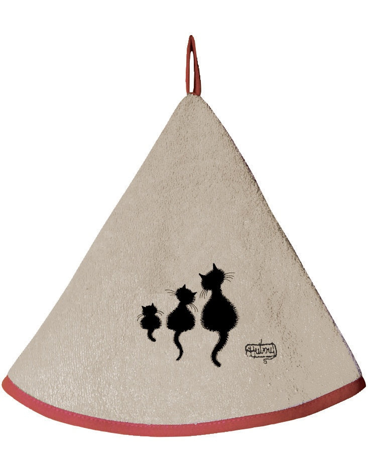 asciugamano dubout 3 chats spago, colore spago, taglia diamètre 60. strofinaccio piegato su fondo neutro per mostrare texture e finiture