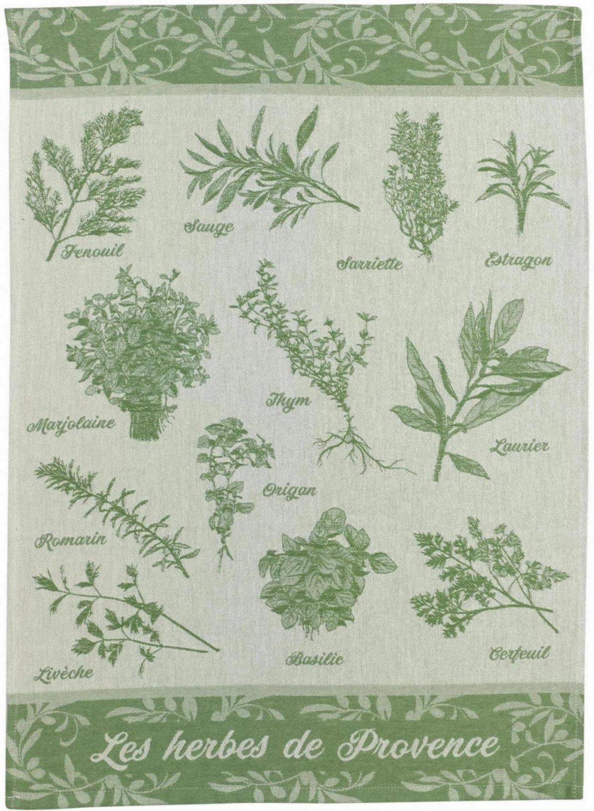 strofinaccio jacquard herbes de provence verde, colore verde, taglia 50 x 70. strofinaccio piegato su fondo neutro per mostrare texture e finiture