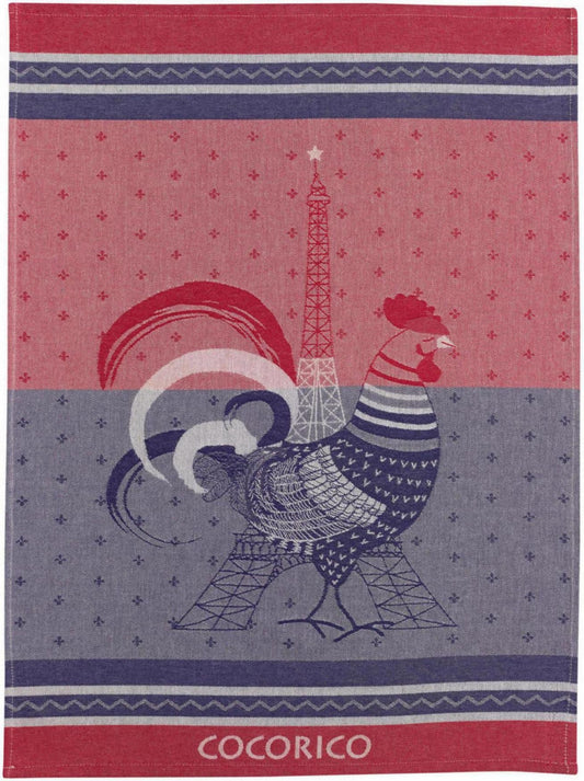 strofinaccio jacquard cocorico multicolore, colore multicolore, taglia 50 x 70. strofinaccio piegato su fondo neutro per mostrare texture e finiture