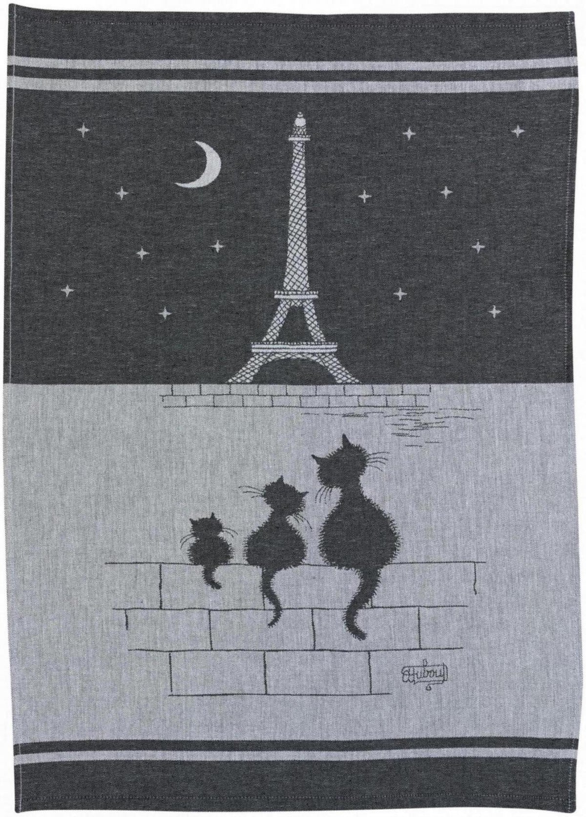 strofinaccio jacquard chats tour eiffel ombra, colore ombra, taglia 50 x 70. strofinaccio piegato su fondo neutro per mostrare texture e finiture