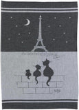 strofinaccio jacquard chats tour eiffel ombra, colore ombra, taglia 50 x 70. strofinaccio piegato su fondo neutro per mostrare texture e finiture