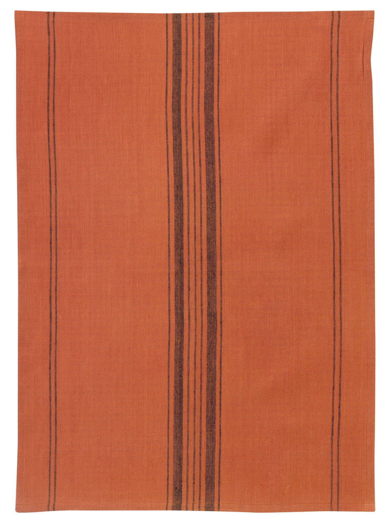 strofinaccio misto righe kilia mattone, colore mattone, taglia 50 x 70. strofinaccio piegato su fondo neutro per mostrare texture e finiture