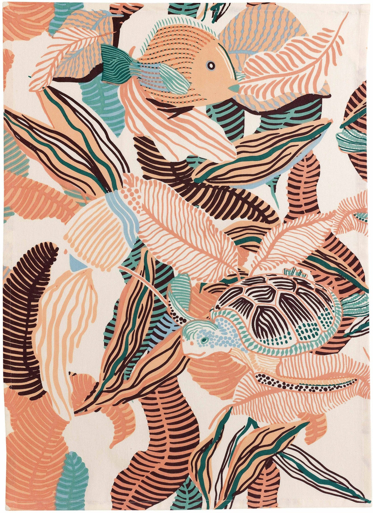 strofinaccio riciclato dori pesca, colore pesca, taglia 50 x 70. strofinaccio piegato su fondo neutro per mostrare texture e finiture