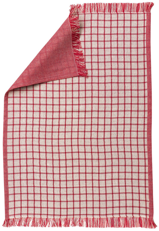 strofinaccio riciclato aden bianco/rosso, colore bianco/rosso, taglia 50 x 70. strofinaccio piegato su fondo neutro per mostrare texture e finiture