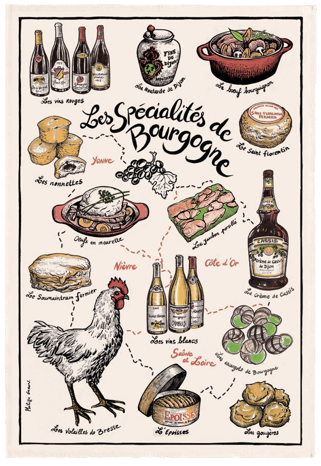 strofinaccio stampato specifialites de bourgogne ecru, colore ecru, taglia 48 x 72. strofinaccio piegato su fondo neutro per mostrare texture e finiture