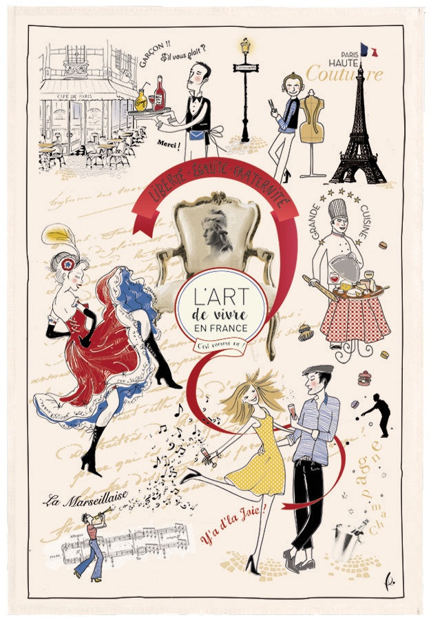 strofinaccio stampato art de vivre ecru, colore ecru, taglia 48 x 72. strofinaccio piegato su fondo neutro per mostrare texture e finiture