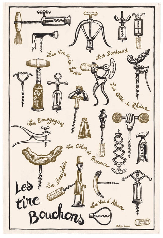 strofinaccio stampato les tire-bouchons ecru, colore ecru, taglia 48 x 72. strofinaccio piegato su fondo neutro per mostrare texture e finiture 626