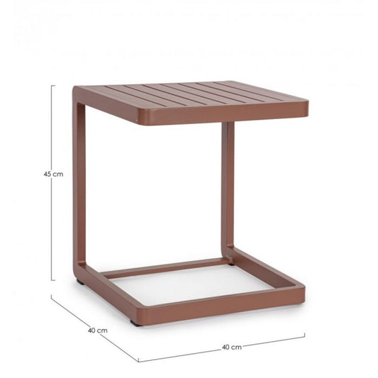 set di 2 tavolini rettangolari konnor in alluminio ruggine, dettaglio della struttura resistente alle intemperie