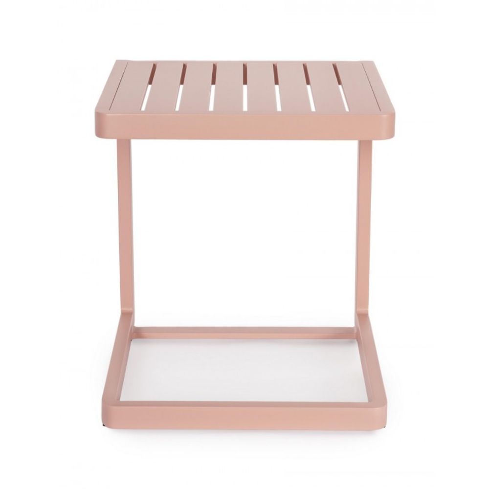 set di 2 tavolini rettangolari konnor in alluminio rosa, vista ambientata su terrazza o veranda
