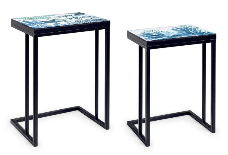 Set di 2 tavolini REEF K02 cm con struttura in acciaio e piano in legno