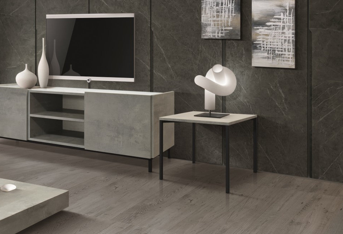 tavolino camogli in legno, finitura in grigio cemento e metallo verniciato nero, 55×55, dettaglio della struttura e finiture...