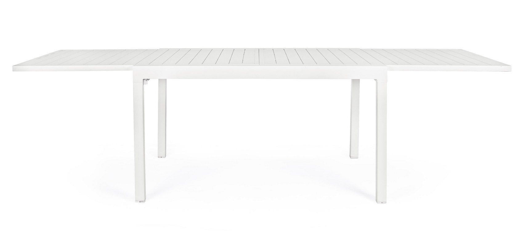 tavolo allungabile pelagius in alluminio bianco 135×90 cm – 270×90 cm, ambientazione in giardino con sedie coordinate