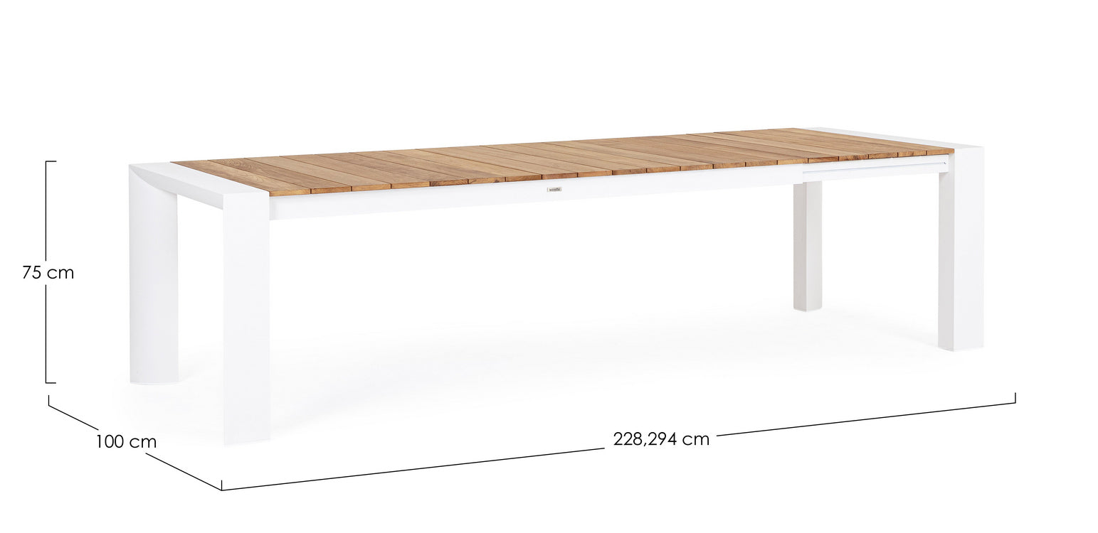 tavolo allungabile cameron in alluminio bianco e legno teak 228×100 cm – 294×100 cm, design resistente e dal look naturale