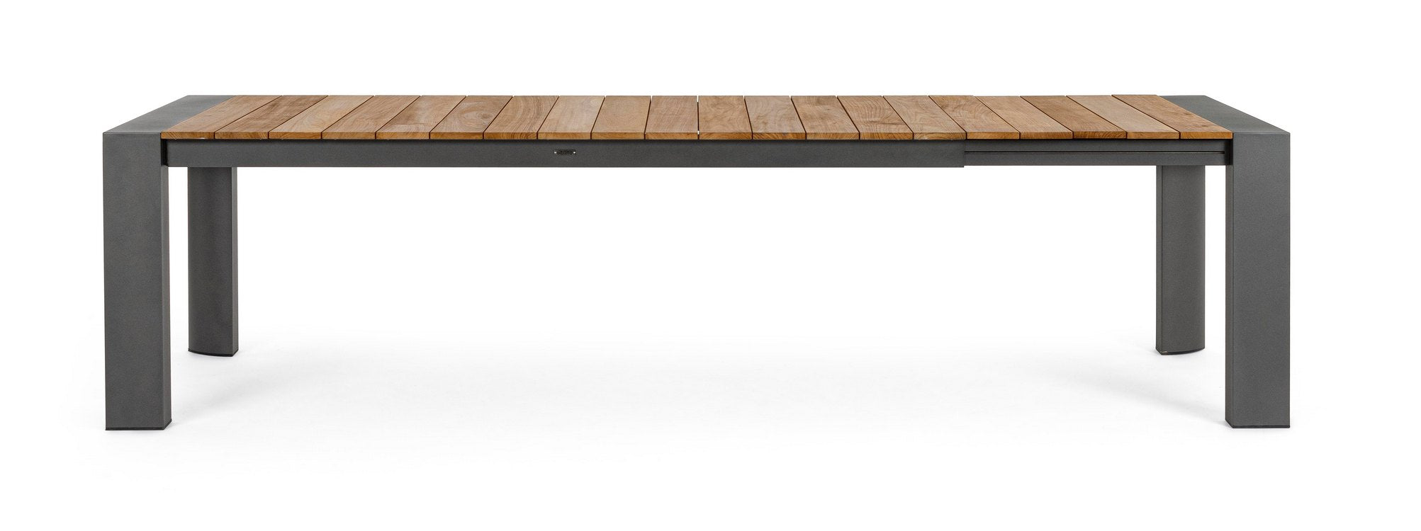 tavolo allungabile cameron in alluminio antracite e legno teak 228×100 cm – 294×100 cm, ambientazione in giardino con sedie...