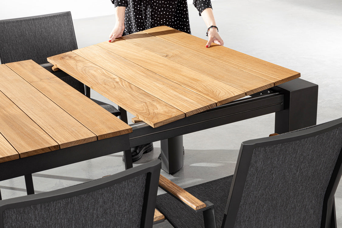 tavolo allungabile cameron in alluminio antracite e legno teak 228×100 cm – 294×100 cm, tavolo outdoor che unisce stile e...