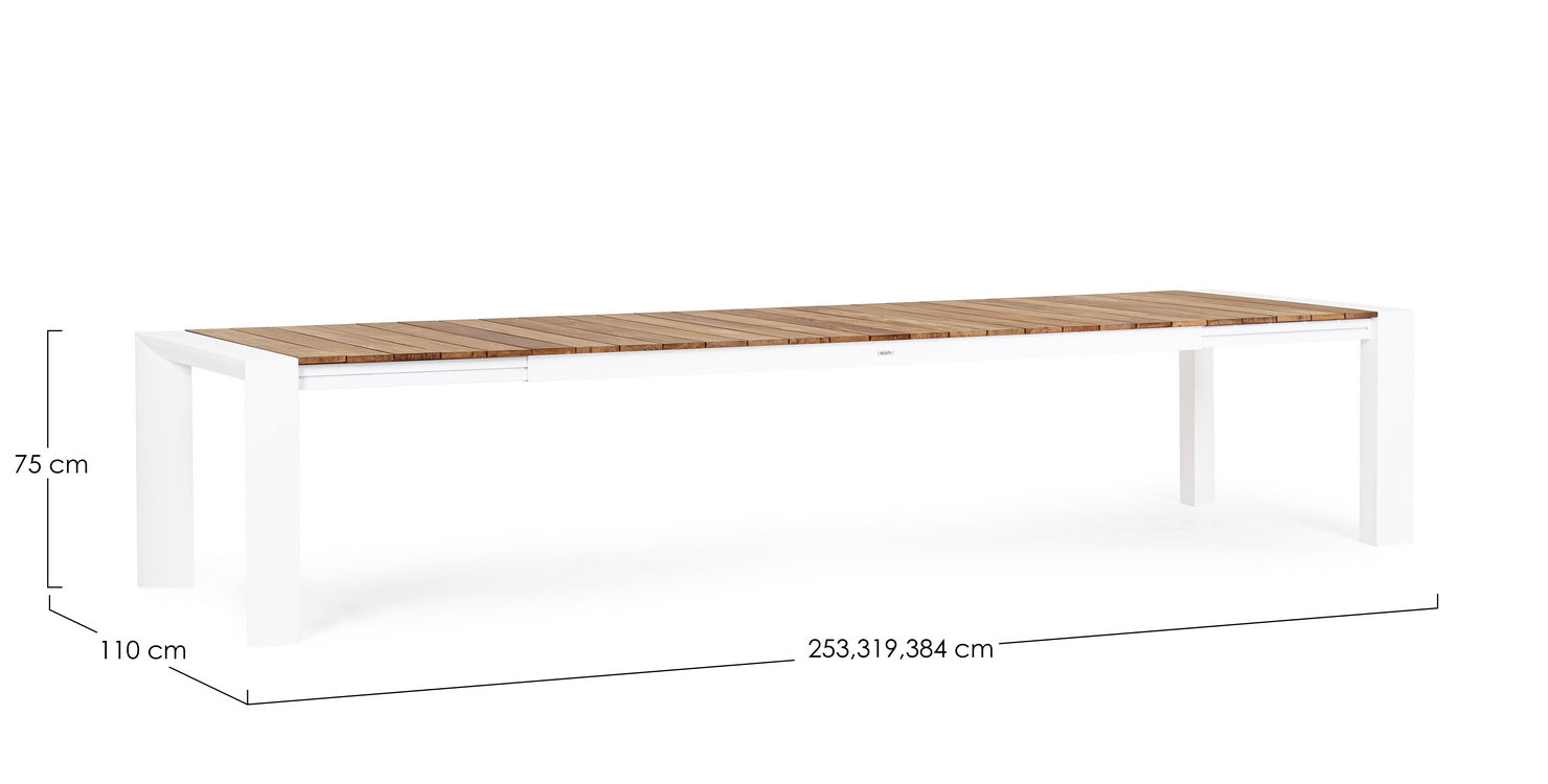 tavolo allungabile cameron in alluminio bianco e legno teak 253×110 cm – 384×110 cm, ideale per barbecue, aperitivi o relax...