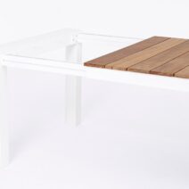 Tavolo allungabile CAMERON in alluminio bianco e legno teak 253×110 cm – 384×110 cm