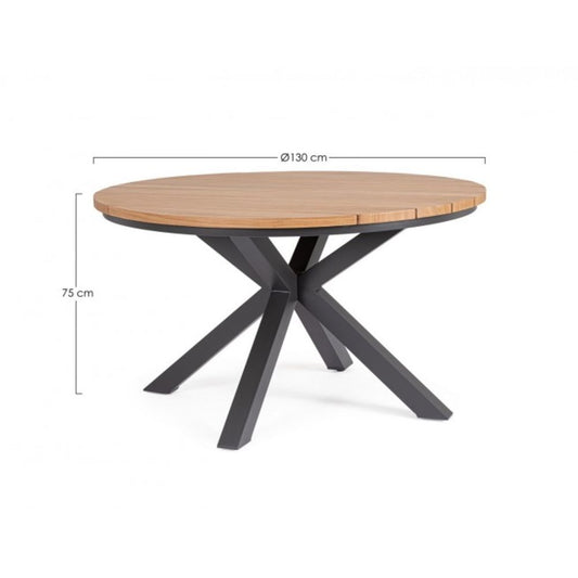 tavolo rotondo zelmar effetto legno e struttura in alluminio antracite ø 130 cm, dettaglio dei materiali trattati per uso...