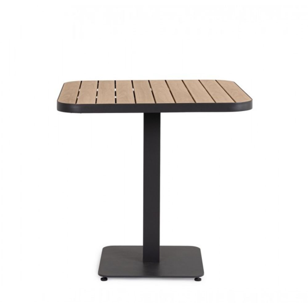 tavolo belmar effetto legno e struttura alluminio antracite 75×75 cm, ambientazione in giardino con sedie coordinate