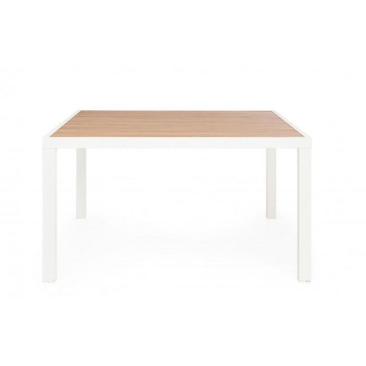 tavolo fisso hilija effetto legno e struttura in alluminio bianco 136×136 cm, dettaglio dei materiali trattati per uso...