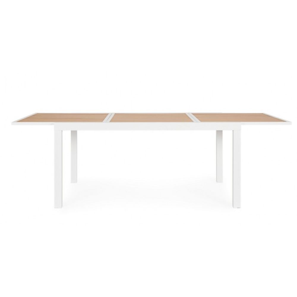 tavolo allungabile hilija effetto legno e struttura in alluminio bianco 160×90 cm – 240×90 cm, ambientazione in giardino con...
